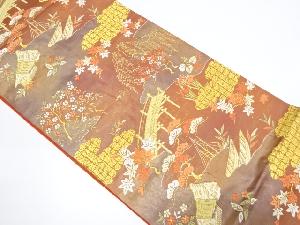 橋に小舟・枝垂れ桜模様織り出し袋帯